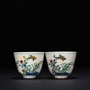 2 6 Antique Dynasty Porcelain Chenghua Mark Pair Doucai Butterfly Flowers Cups
