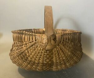 Primitive Antique Country Oak Handled Splint Buttocks Basket