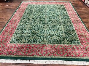Indo Tibetan Rug 8x10 Green Red Handmade Hand Knotted Carpet Floral Allover Wool