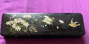 Japanese Black Lacquer Box With Hand Painted Floral Scene 12x4 Papier Mache