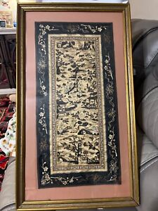 Vintage Chinese Silk Embroidery Framed 31 1 2 Long X18 Wide