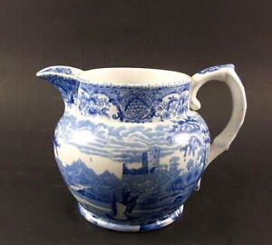 Antique English Victorian Blue White Transfer Pottery Pitcher John Meir Son