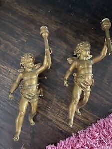 1900 Rare Pair French Cherub Wall Light Sconce Angel Putti Gilded Spelter Metal
