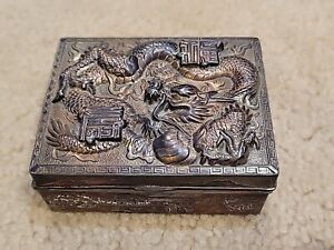 Antique Silver Tone Asian Trinket Box Relief Sculpted Metal Cedar Wooded