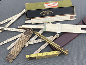 Lot Of Vintage Industrial Wood Slide Rules Folding Zig Zag Rulers Post K E