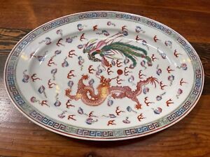 China Antique Qing Qianlong Porcelain Plate Dragon And Phoenix 