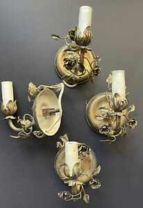 4 Rare Vintage Electric Gold Tone Floral Wall Sconces Italy Antique Metal Leaves