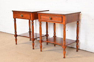 Baker Furniture American Colonial Carved Cherry Wood Nightstands Pair