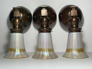 Set Of 3 Arts And Crafts Bradley And Hubbard Wall Sconces With Quezal Shades