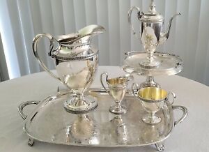 Pairpoint Rare Slp 4 Pc Tea Set W Lg Matching Water Pitcher Epns 1880 1920s