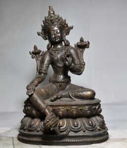 8 Old Antique Tibetan Buddhism Temple Bronze Gilt Green Tara Bodhisattva Statue