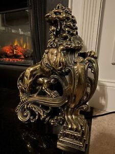 2 French Brass Fireplace Lion Andirons Set 19 H X 15 L