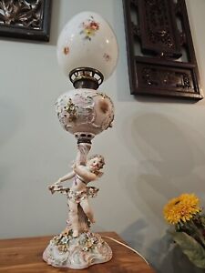 Antique B H Bradley Hubbard Dresden Porcelain Cherub Banquet Oil Lamp Elect 28 