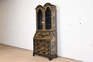 Chinoiserie Black Lacquered Drop Front Secretary Desk With Lighted Bookcase