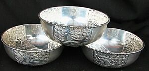Chinese Silver Tea Bowls Set Of 3 Antique C 1900
