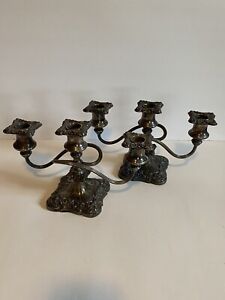 Set Of 2 Early Silver Plate 3 Arm Candelabra Ornate Heavy 