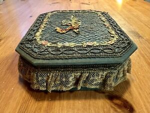 Antique Metal Lace French Vanity Box Silk Ribbonwork Flowers Good Condition