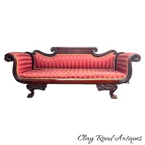 1800s Antique Classical Empire Mahogany Sofa Carved Acanthus Paw Foot Project