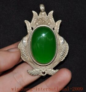 2 2 Old China Tibetan Silver Inlay Green Jade Fengshui Double Fish Pendant