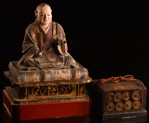 Japanese Antique Buddhist Monk Wooden Statue With Lotus Sutra Scrolls Edo Era