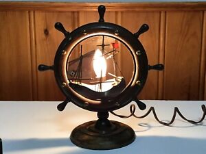 Vtg Table Lamp Hand Carved Wooden Ship In Ships Wheel 11 Tall Works Well
