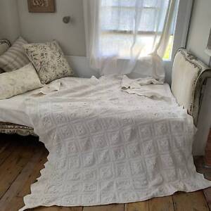 Vintage White Cotton Knit Knitted Blanket Coverlet French Floral Pattern