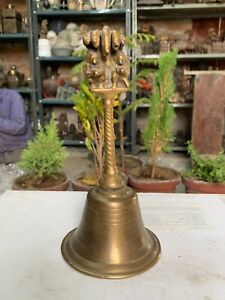 Antique Old Brass Nepal Hindu God Twins Naga Garuda Carved Puja Bell Hand Bell