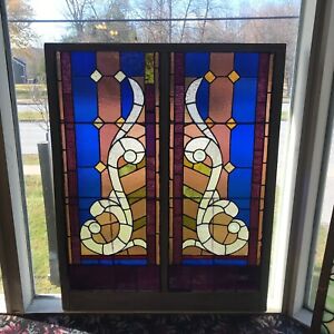 Antique Stained Glass Window With Cobalt Blue
