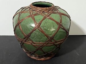 Japanese Awaji Green Bamboo Wrapped Pottery Vase W Emobossed Grapes Leaves