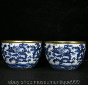 3 4 Qianlong Chinese Blue White Gilt Porcelain 5 Dragon Crock Cup Pair