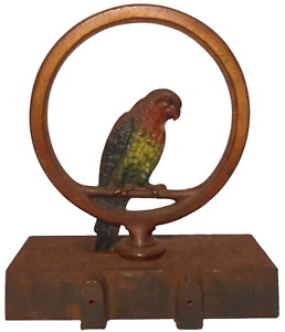 Early 20th Century Bradley Hubbard Antique Hnd Pntd Cast Iron Budgie On A Ring