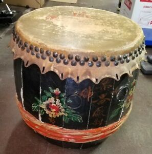 Antique 19th Century Chinese Wood Barrel Drum Animal Skin Hide 25x25 Fantastic