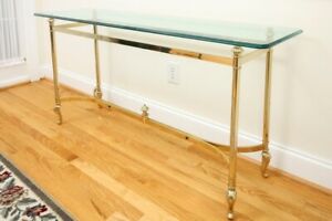 Labarge Hollywood Regency Brass And Glass Hooved Feet Console Table Circa 1960s