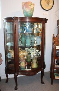 Antique Oak Serpentine Glass Curio China Cabinet
