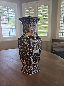 A Large Chinese Famille Noir Hexagonal Shaped Vase With High Relief Deco H 19 5 
