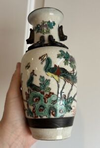 Vintage Chinese Nanking Crackle Glaze Porcelain Vase Birds Flowers 8 