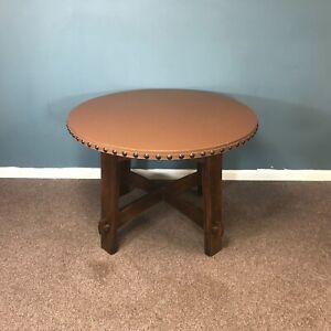 Stickley Round Leather Top Mission Oak Center Table
