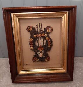 Antique Mourning Shadow Box Lyre Lute Harp Floral Wreath Old