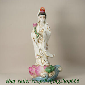 15 2 Marked Chinese Famille Rose Porcelain Guan Yin Goddess Peach Statue