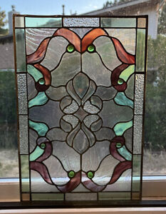 Antique Colored Leaded Stained Glass Window Panel Art Deco Style 16 X 11 