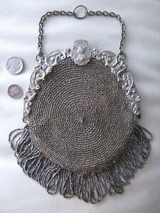 Antique Woman Floral Frame Steel Micro Bead Chatelaine Leather Kilt Purse 18