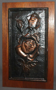 Vintage Hand Made Copper Wood Wall Hanging Plaque Still Life Roses Flowers