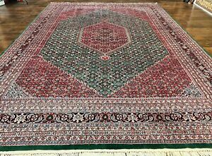 Indian Bidjar Rug 10x14 Wool Handmade Vintage Oriental Carpet Red Green Herati