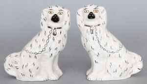 Pair Of Antique English Staffordshire White Spaniel Dogs Figurines 7 75 H