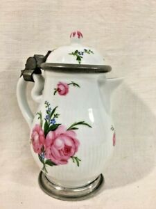 Antique German Pewter Mounted Porcelain Pitcher Deutsche Blumen Floral Mid 1800s