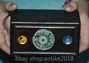 6 Old Chinese Ebony Wood Dynasty Palace Inlay Jade Gemstone Jewelry Box Case