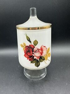 White Apothecary Jar Roses West Virginia Glass Lidded Footed 1960 S