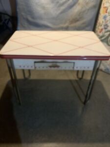 Vintage Mcm Enamel Top Table Pull Out Slide Out Leafs Red White 40x45 Opened