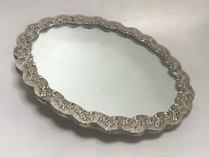 Vintage Egyptian 900 Sterling Silver Oval Repousse Hand Mirror Peacock Finials