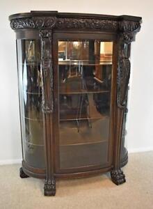 Horner Style Oak Curved Glass China Cabinet Curio With Lion Heads